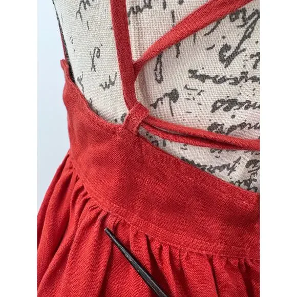 B51 Posse Lotus Linen Maxi Dress Small Red Flowy Sundress Resort Spaghetti Strap - Picture 7 of 9